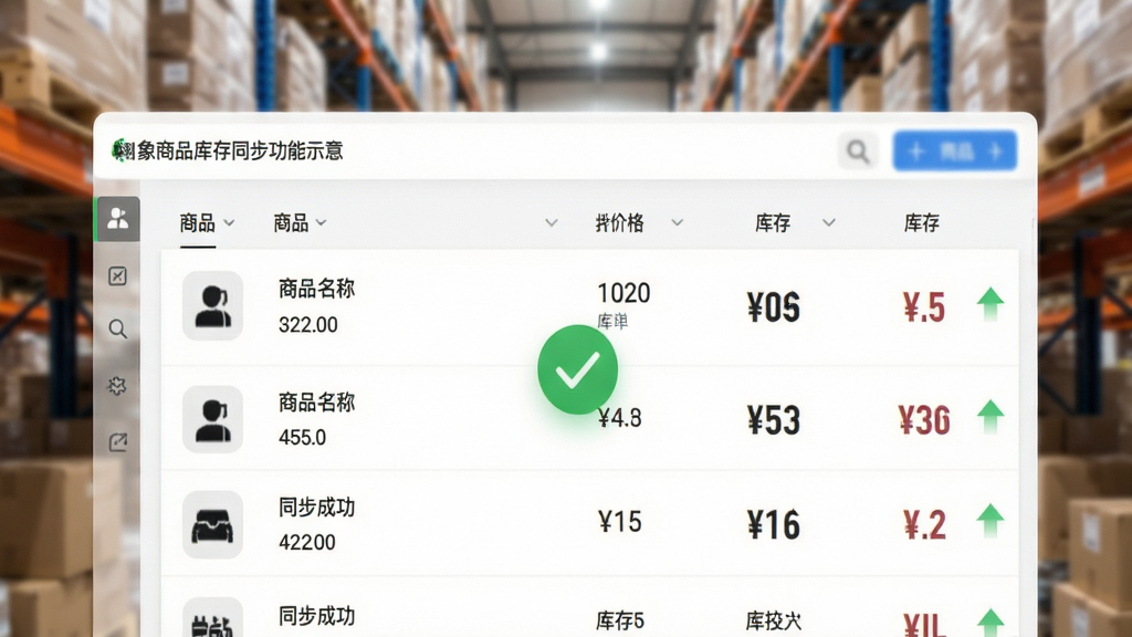 翱象商品库存同步功能示意,主体为后台商品列表界面与仓库货架背景的合成图,界面展示商品名称、价格、库存数字,背景虚化处理,布局为前景清晰、背景柔和,风格简约商务,细节有同步成功的绿色对勾标记和库存变化箭头,画质高清,干净无多余元素