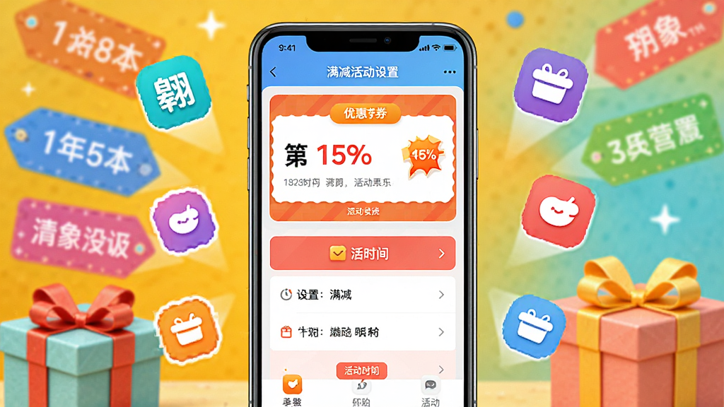 翱象营销工具功能展示,主体为手机界面展示优惠券模板和满减活动设置页面,背景有彩色促销标签和礼盒元素,布局为手机居中,周围有飘浮的活动图标,风格活泼明亮,细节有折扣数字和活动时间,画质高清,干净无多余元素