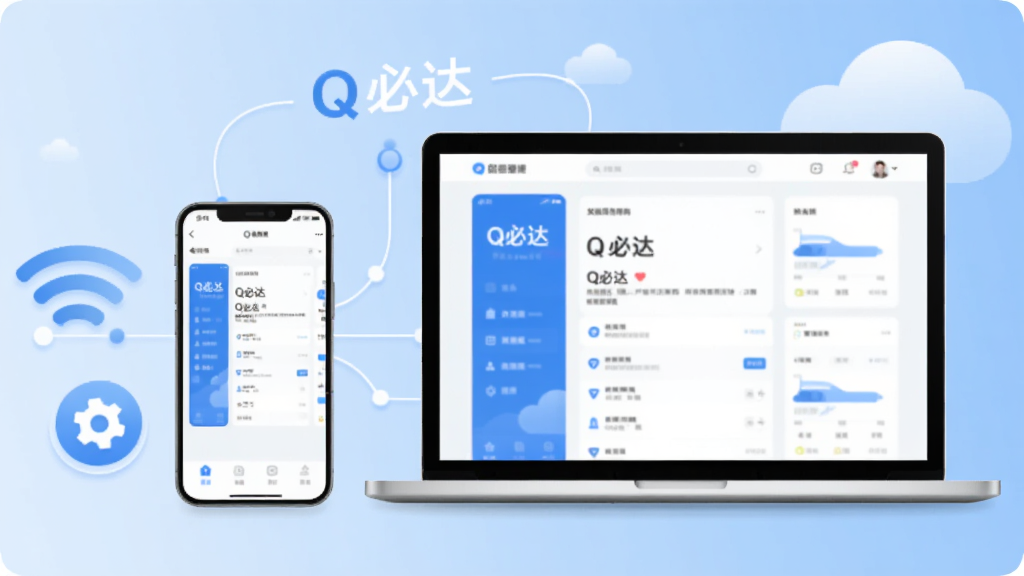 Q必达使用指南插图,图中展示一部手机与一台笔记本电脑并排摆放,屏幕中均显示Q必达应用界面,手机旁有无线网络图标和设置齿轮图标。背景为浅蓝色渐变,有云朵和连接线元素,表示数据同步,整体风格现代简约,画质干净,无多余元素,画面中需出现“Q必达”字样。