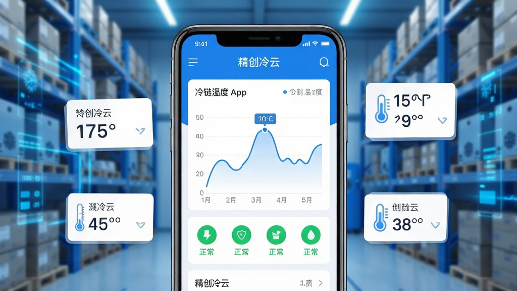 画面主体为智能手机屏幕展示精创冷云App主界面,界面中央显示冷链温湿度曲线图与多个绿色正常状态图标;背景为模糊化的现代冷库货架与蓝色科技光效;布局采用手机居中、上下留白,左右辅以漂浮的温湿度数据卡片;排版清晰疏朗,突出App界面细节;风格为科技感扁平插画,搭配明亮蓝白主色调;细节包含界面上的“精创冷云”字样与温度数值,画面干净无多余元素,画质高清,渲染细腻。
