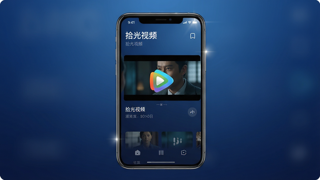 画面主体为一部正在播放高清剧集的智能手机,手机屏幕中显示“拾光视频”的播放界面,界面风格简洁现代,背景为柔和的深蓝色渐变,布局采用手机居中、四周留白的构图,排版干净大气,细节上高光点缀,风格偏向科技感与影视质感,画质为4K超清,整体干净无多余元素