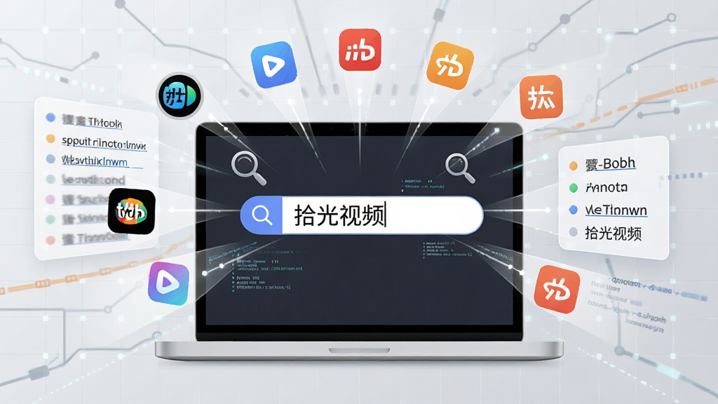 一台笔记本电脑的搜索框内输入“拾光视频”关键词,屏幕周围放射出多个视频网站的小图标和链接列表,背景为浅灰色科技网格,布局采用中央放射状构图,风格简约时尚,细节包含放大镜图标与数据流线条,画质清晰,干净无多余元素