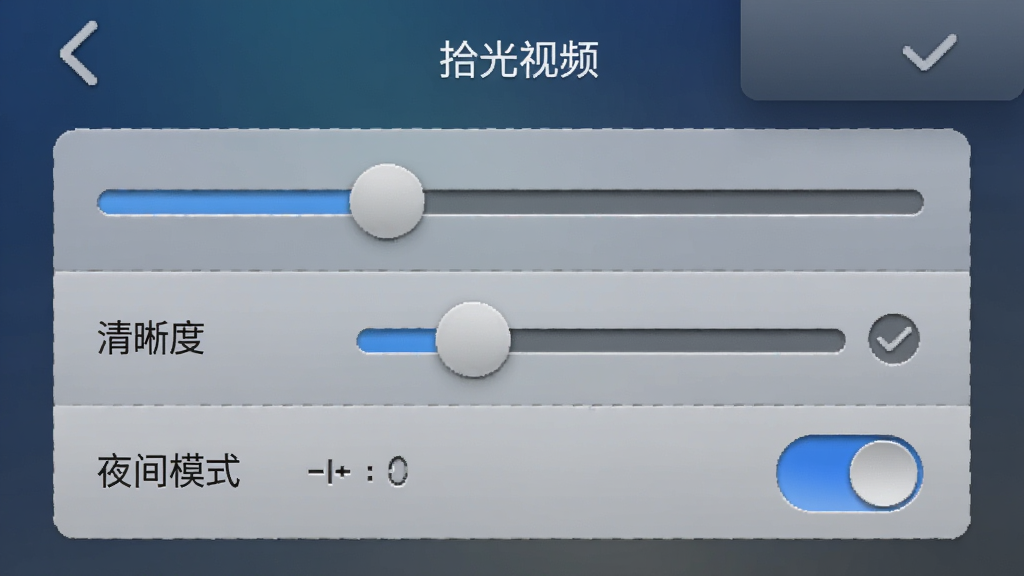 手机设置界面中显示“拾光视频”的播放设置选项,包含清晰度选择、倍速播放、夜间模式开关等控件,背景为深蓝与灰色渐变,布局为上下结构,风格偏拟物化,细节有滑动按钮和勾选菜单,画质细腻,干净无多余元素