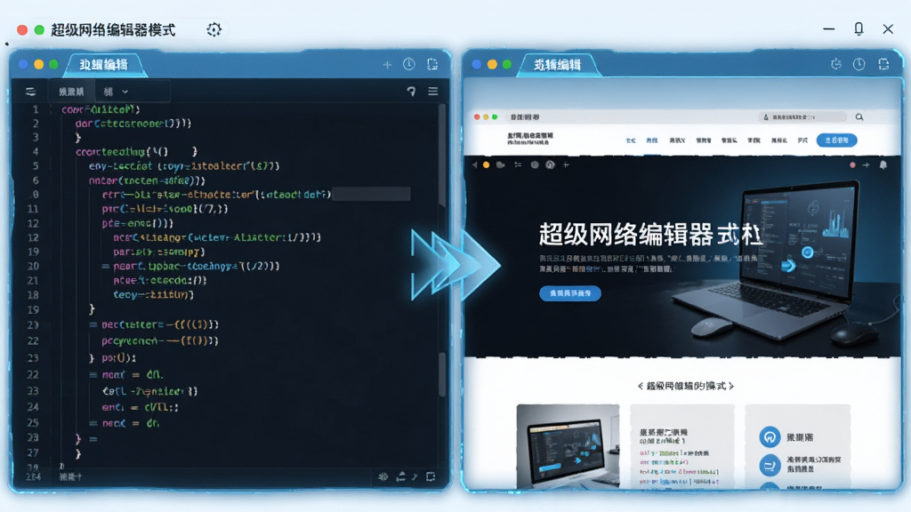 超级网络编辑器双模式编辑界面,左侧显示彩色代码,右侧显示渲染后的网页效果,中间有联动箭头标识,整体风格科技感十足,界面明亮清晰,画质干净无多余元素
