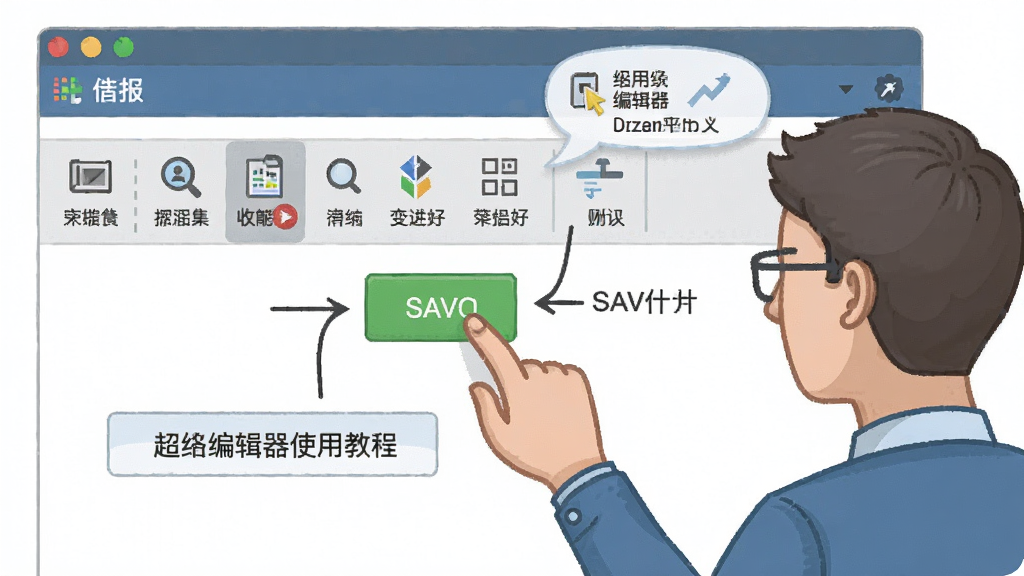 超级网络编辑器使用教程示意图,展示用户正在点击工具栏上的保存按钮,界面清晰,有操作步骤标注,画质干净无多余元素