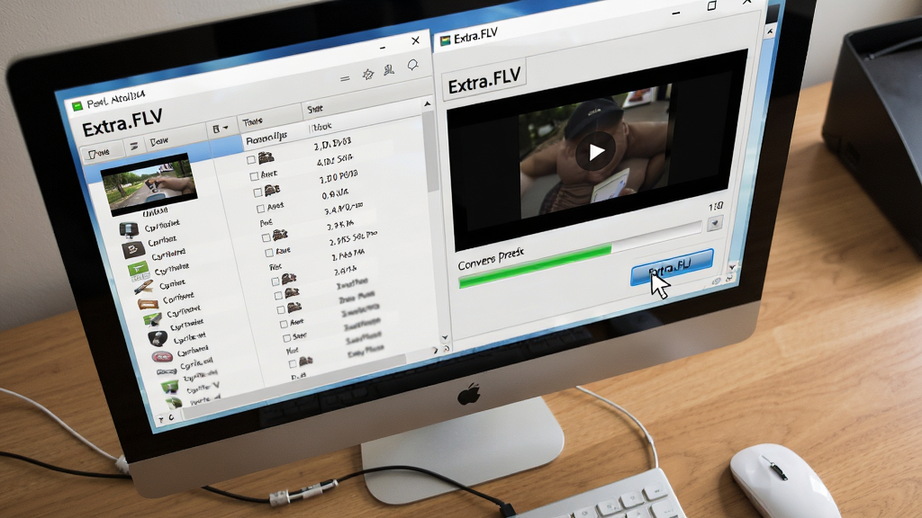Extra.FLV 软件实际操作场景图,主体为电脑屏幕显示Extra.FLV软件界面,屏幕上可见视频文件列表和转换进度条,布局为桌面俯视角度,排版自然,风格写实,细节展示鼠标指针正在点击转换按钮,画质清晰明亮,无多余元素。