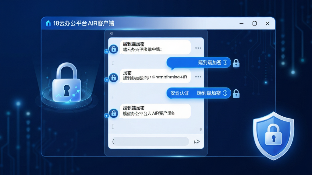 主体:展示18云办公平台AIR客户端的安全通讯界面,包括加密锁图标与消息气泡。布局:中央为对话界面,右下角有一个盾牌样式的安全认证标识。排版:对话列表清晰,加密提示以醒目小图标展示。风格:科技感与商务感结合,蓝白配色,加入微光效。细节:对话窗口边缘显示“端到端加密”字样,锁形图标清晰可见。画质:高分辨率,干净,无多余元素。