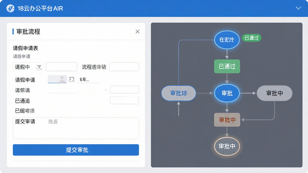 主体:展示18云办公平台AIR客户端的审批流程界面,包含请假申请表单与流程节点图。布局:左侧为表单区域,右侧为可视化审批流程图,节点高亮显示当前进度。排版:信息条理清晰,操作按钮醒目。风格:简洁商务风格,以蓝色与灰色为主。细节:流程图上显示“已通过”、“审批中”等状态标签,表单底部有“提交审批”按钮。画质:高清,干净,无多余元素。