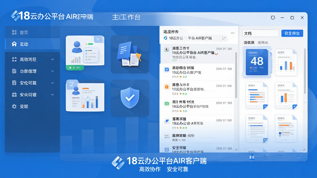 主体:18云办公平台AIR客户端的启动界面与主工作台,展示软件LOGO与功能模块图标。布局:左侧为功能导航栏,右侧为工作区,呈现消息列表与文档缩略图。排版:清晰的信息层级,界面简洁现代。风格:扁平化设计,蓝色与白色为主色调,营造专业可靠的办公氛围。细节:屏幕中显示“18云办公平台AIR客户端”字样,以及“高效协作”、“安全可靠”等标语。画质:高清,干净,无多余元素。