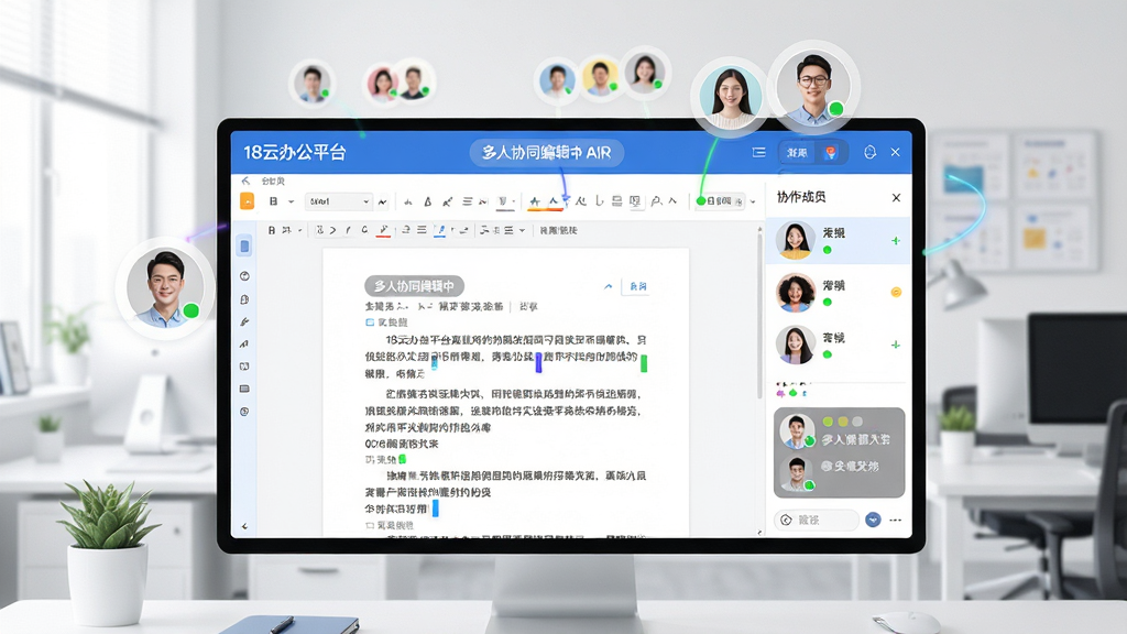 主体:展示18云办公平台AIR客户端的协同编辑场景,多人头像悬浮在共享文档上方。布局:屏幕中央是一份打开的在线文档,右侧有协作成员列表与聊天窗口。排版:文档内容清晰,光标不同颜色代表不同编辑者。风格:明亮清新的办公风格,突出实时协作的动态感。细节:文档上方显示“多人协同编辑中”标签,成员头像旁带有绿色在线状态。画质:高清,干净,无多余元素。
