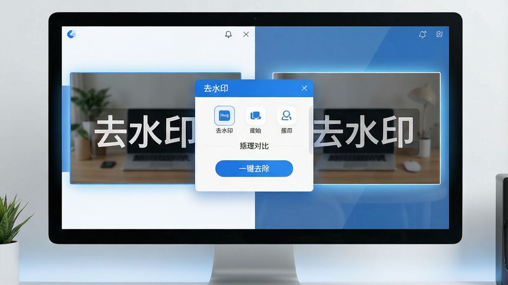 主体:电脑屏幕前展示去水印软件的运行界面与处理前后对比画面。布局:左侧为原始带水印的图片,右侧为已去除水印后的干净图片,中间悬浮软件操作面板。排版:界面清爽,图标简洁,对比效果一目了然。风格:现代科技感,界面以蓝白为主色调。细节:屏幕中清晰显示“去水印”软件名称与“一键去除”按钮字样,处理前后的图片边缘有微弱光效过渡。画质:高清,干净,无多余元素。