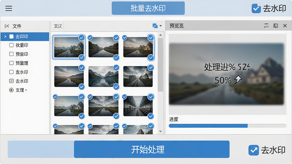 主体:去水印软件批量处理操作台。布局:文件列表区、预览窗口、进度条并行排列,多张图片缩略图整齐排列在列表中。排版:顶部显示“批量去水印”状态栏,底部为“开始处理”大按钮。风格:商务简洁,浅灰与蓝色搭配。细节:每张图片缩略图右上角打勾标记,预览窗口显示处理进度百分比,界面角落有“去水印”Logo。画质:清晰干净,无杂乱元素。