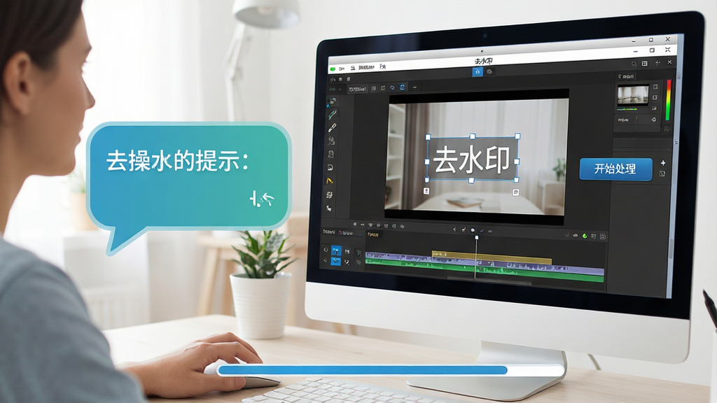 主体:电脑操作场景下,用户正在使用去水印软件处理视频。布局:画面右侧显示视频编辑界面,左侧为操作提示气泡,下方为进度条。排版:整体横向布局,主次分明。风格:写实结合扁平,色调明亮。细节:屏幕中显示“去水印”软件窗口,视频画面中有一处水印被选中,旁边有“开始处理”按钮,用户手指点击鼠标。画质:高清干净,无多余元素。