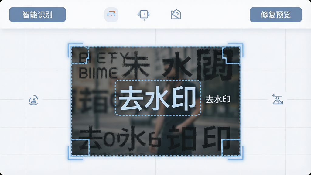 主体:去水印软件的功能展示界面。布局:主界面中央展示一张带有复杂水印的照片,周围环绕识别框与修复工具图标。排版:工具栏横向排列,左侧为“智能识别”按钮,右侧为“修复预览”按钮。风格:扁平化设计,色彩柔和偏冷。细节:照片水印处被高亮虚线框选,旁边显示“去水印”字样,背景有细微网格辅助线。画质:高分辨率,干净无多余元素。