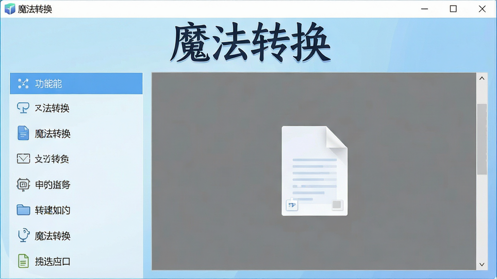 一张展示魔法转换软件主界面的高清截图,界面布局清晰,左侧为功能列表,右侧为文件拖拽区域,背景为淡蓝色渐变,整体风格简洁现代,软件名称“魔法转换”以艺术字形式显示在窗口顶部,画质清晰,无多余元素