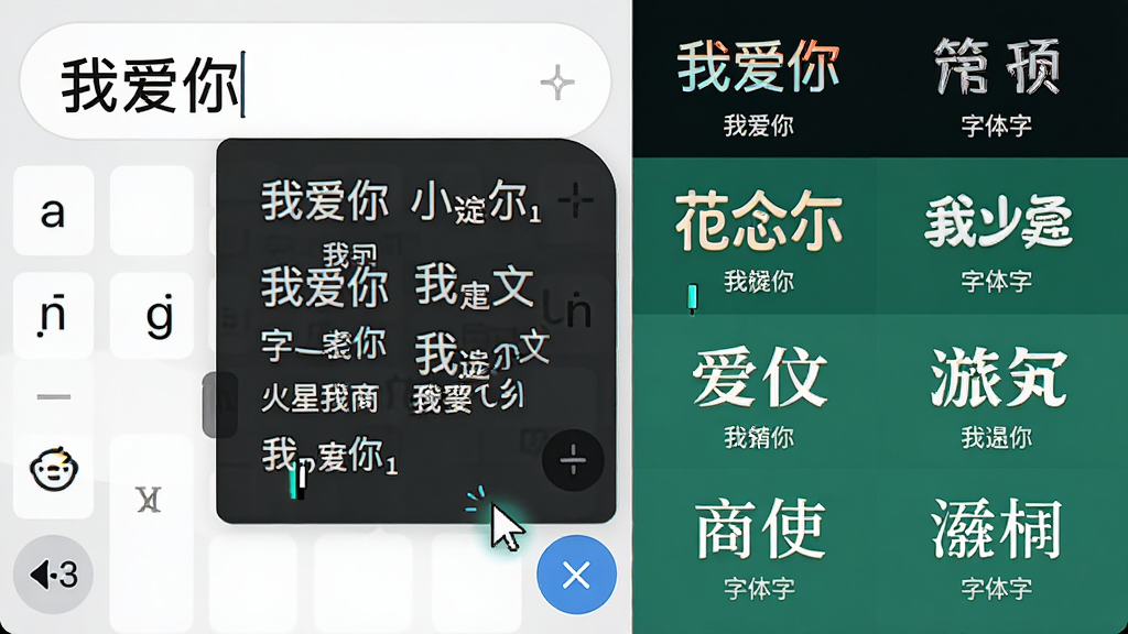 主体:输入框显示“我爱你”并弹出多个火星文候选词;布局:左侧为拼音输入区,右侧为候选词栏;排版:候选词按字体样式分列展示;风格:扁平化UI设计,配色清新活泼;细节:每个候选词下方标注字体名称,光标闪烁;画质:高清,干净,无多余元素
