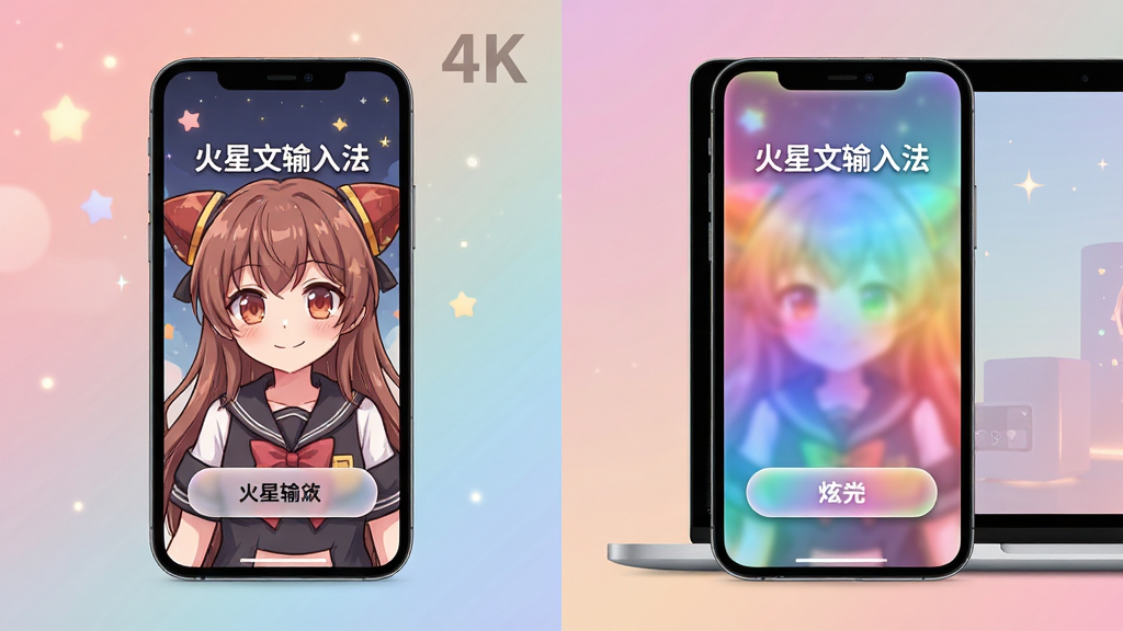 主体:手机与电脑并排展示不同皮肤效果;布局:左屏显示“火星文输入法”动漫皮肤,右屏显示“火星文输入法”炫光皮肤;排版:两设备对称放置,背景为渐变色;风格:时尚杂志风,光影柔和;细节:皮肤界面清晰可见,按钮圆润;画质:4K,干净,无多余元素