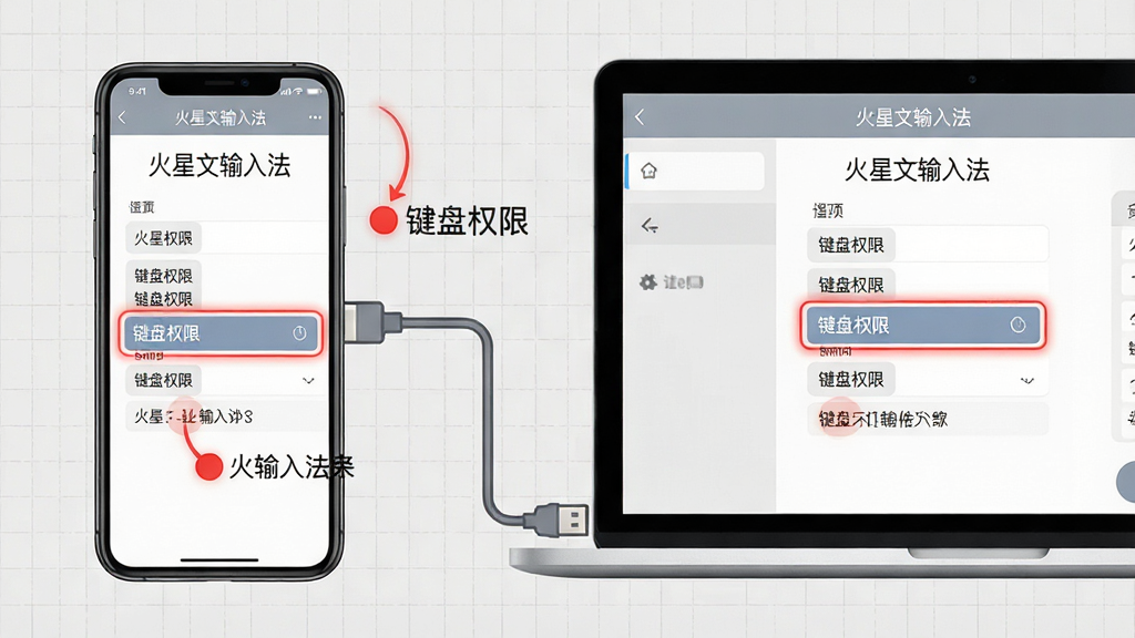 主体:一部手机与一台电脑同时显示“火星文输入法”设置界面;布局:手机在左,电脑在右,中间连接数据线图案;排版:界面元素高亮显示“键盘权限”选项;风格:简洁教程风,背景为浅灰网格;细节:操作步骤用红色圆圈标出,配文字说明;画质:高清,干净,无多余元素