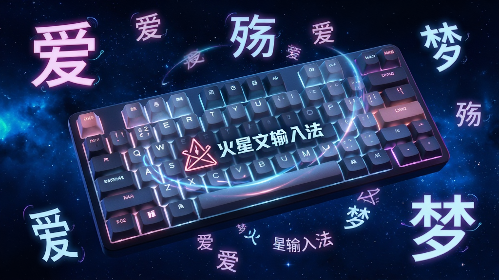 主体:一块发光的键盘,键帽上显示“火星文输入法”Logo及变形符号;布局:键盘位于画面中央,周围漂浮着“爱”、“殇”、“梦”等艺术字;排版:文字环绕键盘呈螺旋状分布;风格:赛博朋克霓虹光效,背景为深蓝星空;细节:键帽带有磨砂质感,字符边缘有流光;画质:8K超清,干净,无多余元素