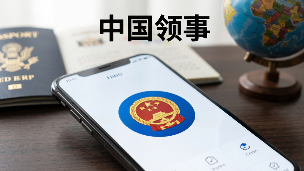 画面主体为一部亮屏的智能手机,屏幕中央清晰显示“中国领事”APP的蓝色圆形图标与金色国徽元素,手机斜放在一张深色木质桌面上,背景虚化为一本打开的护照与地球仪。布局采用居中构图,手机占画面主体三分之二。排版简洁,文字“中国领事”位于手机屏幕上方,字体为黑体加粗。风格为写实产品宣传图,光线柔和,细节上突出屏幕中的操作界面图标,画质高清干净,无多余元素。