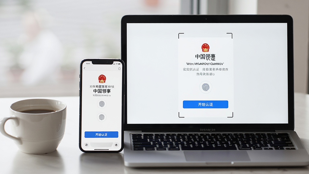 手机与电脑并排摆放,屏幕中显示“中国领事”APP的实名认证页面,下方有“开始认证”按钮,旁边放着一杯咖啡。布局为双设备对比构图,风格为生活化场景,细节展现指纹图标与摄像头取景框,画质柔和干净,无多余元素。