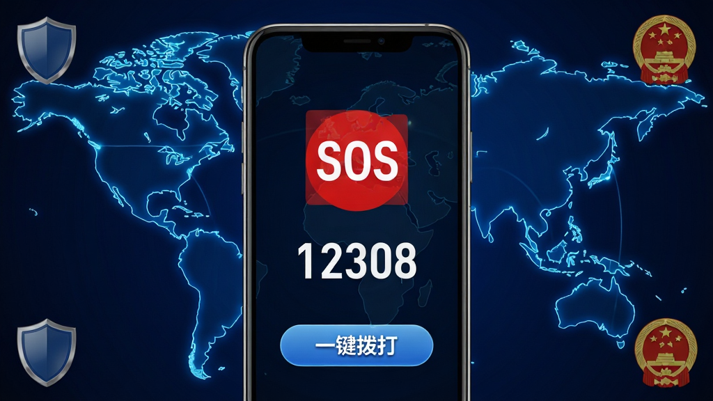 画面主体为紧急求助界面,手机屏幕显示红色SOS图标与“12308”热线号码,下方有“一键拨打”按钮。背景为深蓝色世界地图轮廓,线条发光。布局为手机居中,四角有盾牌与国徽水印。风格为科技安全风,细节突出热线号码与定位按钮,画质高对比度,干净无多余元素。