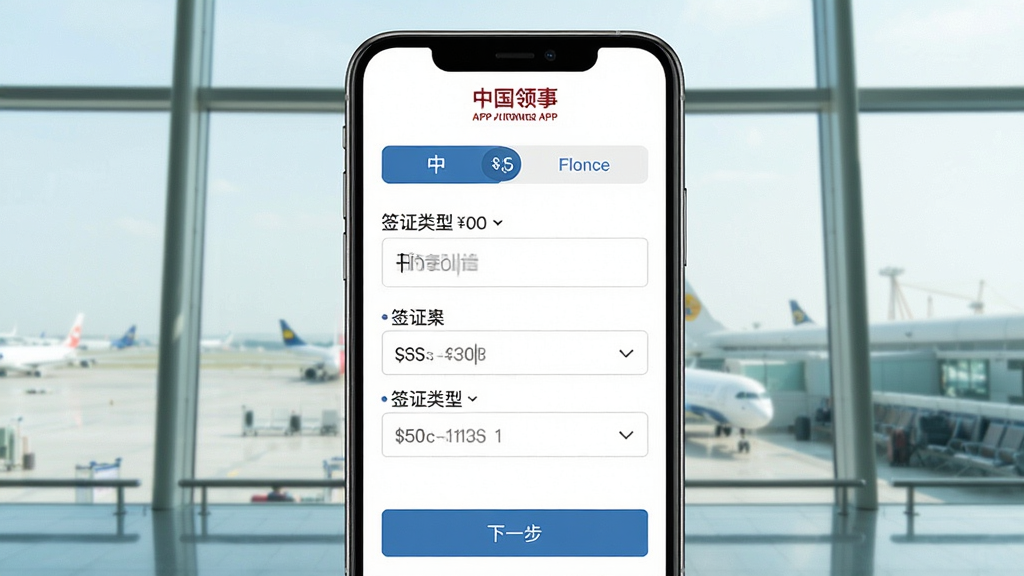 展示“中国领事”APP多语言签证申请界面,屏幕包含中英文切换按钮与签证类型选择下拉框,背景是简洁的机场航站楼玻璃窗。主体为手机屏幕特写,布局左右对称,风格商务简洁,细节显示护照号输入框与“下一步”按钮,画质通透干净,无多余元素。
