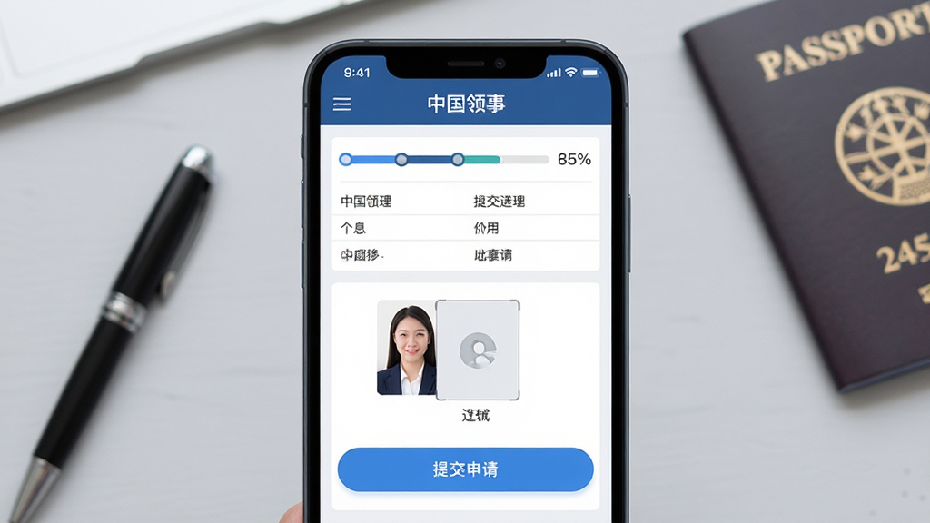 手机屏幕展示“中国领事”APP的护照办理界面,包含个人信息表格、照片上传框与“提交申请”蓝色按钮。主体为手机界面特写,背景为浅灰色办公桌面,放有一支笔和护照本。布局为手机居中,界面内文字清晰可见。风格扁平化UI展示,细节强调步骤条与进度百分比,画质清晰明亮,无多余元素。