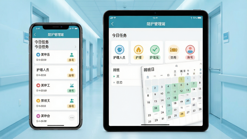 一张手机与平板电脑并排展示的界面截图,屏幕中清晰显示“陪护管理端”的今日任务列表、护理人员状态图标和排班日历,背景是简洁的浅蓝色医院走廊,画面主体突出软件UI界面,布局规整,排版干净,采用扁平化设计风格,细节包括任务卡片上的姓名、时间与床号标签,画质高清通透,整体干净无多余元素