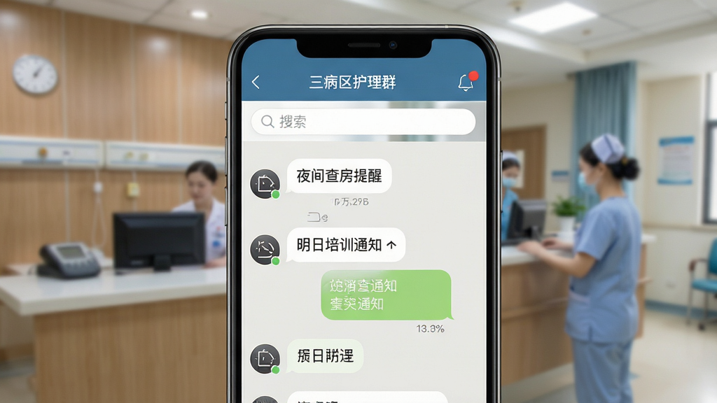手机屏幕上显示陪护管理端内部消息群组对话界面,包含“三病区护理群”名称,消息气泡内可见“夜间查房提醒”、“明日培训通知”等文字,顶部有搜索栏与未读红点,背景为模糊的护士站场景,主体突出聊天界面,布局居中,排版整洁,风格写实,细节高光与阴影自然,画质清晰,干净无多余元素