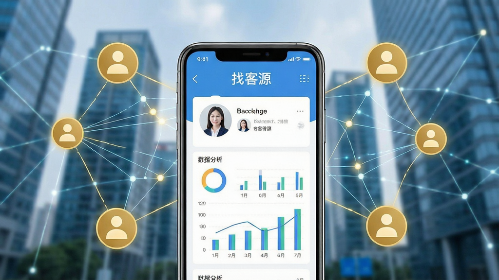 一幅现代商务风格的场景,前景是一部智能手机屏幕显示“找客源”应用界面,界面中有客户头像和数据分析图表,背景是模糊的城市写字楼与网络连接线条,整体布局以手机为中心,四周环绕金色人脉节点图标,风格简洁明亮,细节丰富,画质高清干净,无多余元素