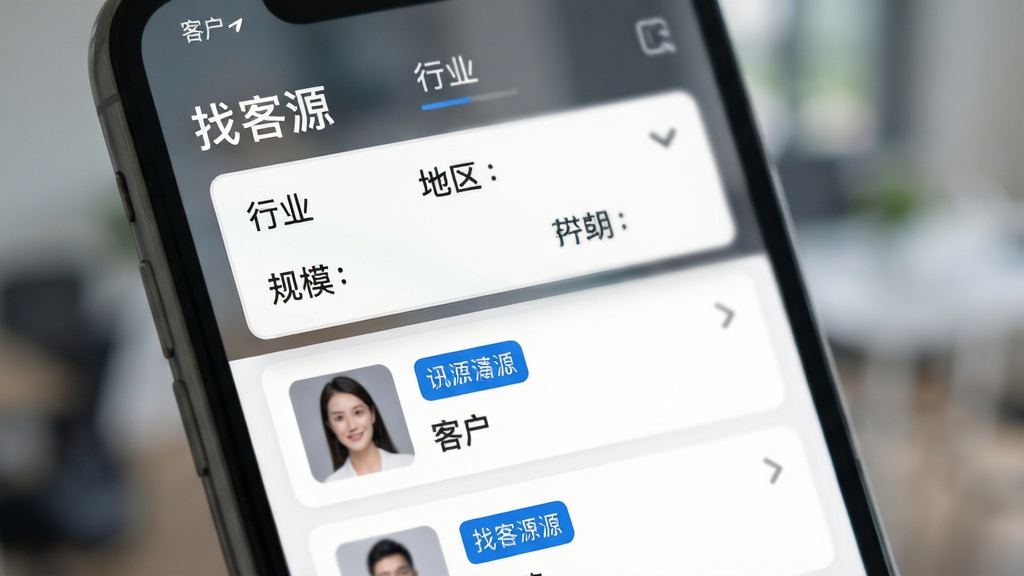 手机界面展示“找客源”的筛选功能,下拉菜单中有行业、地区、规模选项,下方是带有蓝色标签的客户名片列表,背景虚化处理,突出界面细节,整体风格简约清爽,画质高清,无多余元素