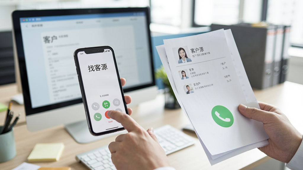 在办公室场景中,一只手拿着手机点击“找客源”上的拨号按钮,另一只手拿着纸质资料,屏幕显示客户详情和绿色拨号图标,背景有办公桌和电脑,画面写实自然,光线明亮,细节清晰,无多余元素