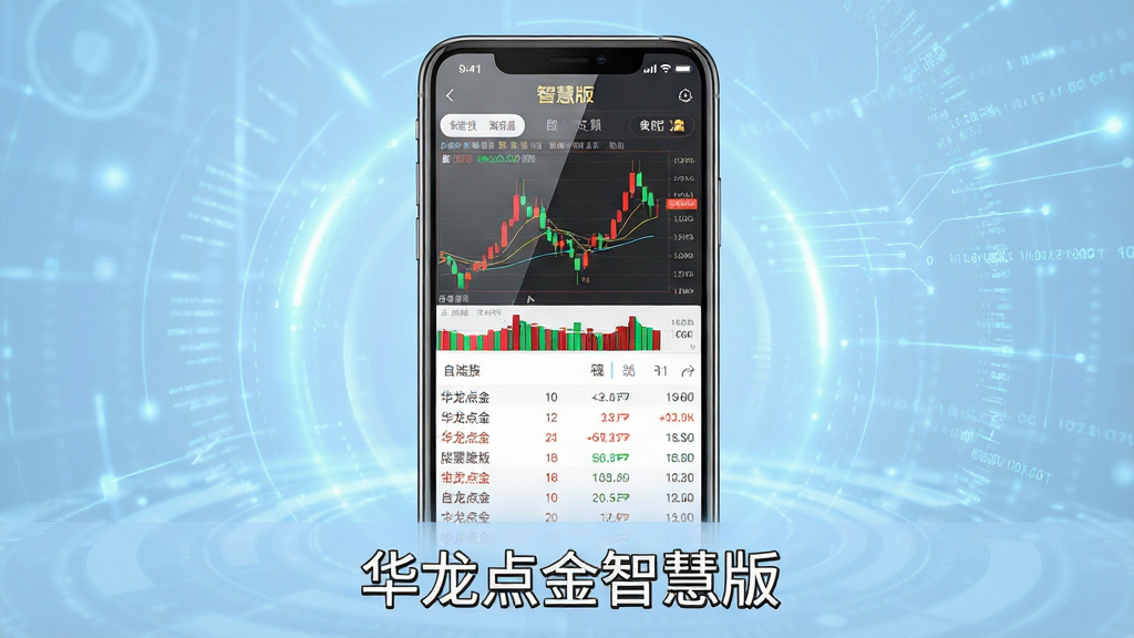 主体:智能手机屏幕展示华龙点金智慧版股票交易软件界面,屏幕上有红绿K线图、自选股列表和“智慧版”字样;布局:手机居中,背景为浅蓝色科技感光效和抽象数字线条;排版:界面元素清晰,图表数据饱满,手机下方有“华龙点金智慧版”字样;风格:现代科技金融风格,高清渲染,界面UI设计精美;细节:屏幕反光自然,股票图表数据线条锐利,文字“智慧版”清晰可读;画质:8K超高清,干净,无多余元素。
