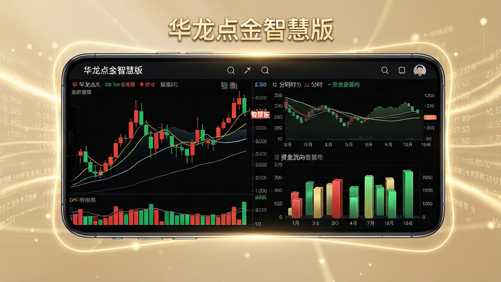 主体:智能手机横屏展示华龙点金智慧版行情页面,分屏展示K线图、分时图和资金流向柱状图;布局:手机屏幕为主视觉,四周有浅金色光线和动态数据流点缀;排版:图表布局科学,红绿色数据清晰,屏幕上方有“华龙点金智慧版”字样;风格:金融科技风,数据可视化,光影效果佳;细节:K线蜡烛图饱满,均线平滑,资金流向柱状图立体,文字“智慧版”点缀屏幕;画质:高清渲染,干净,无多余元素。