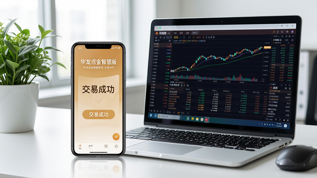 主体:一部智能手机和一台笔记本电脑摆放在办公桌上,手机屏幕显示华龙点金智慧版交易成功界面,电脑屏幕显示同花顺行情;布局:手机和电脑并排,画面左侧有绿植点缀,办公环境明亮;排版:手机屏幕放大,清晰显示“交易成功”字样,电脑屏幕图表丰富;风格:商务办公风格,实景拍摄感;细节:手机屏幕文字“华龙点金智慧版”清晰可见,键盘鼠标质感真实;画质:高清画质,干净,无多余元素。