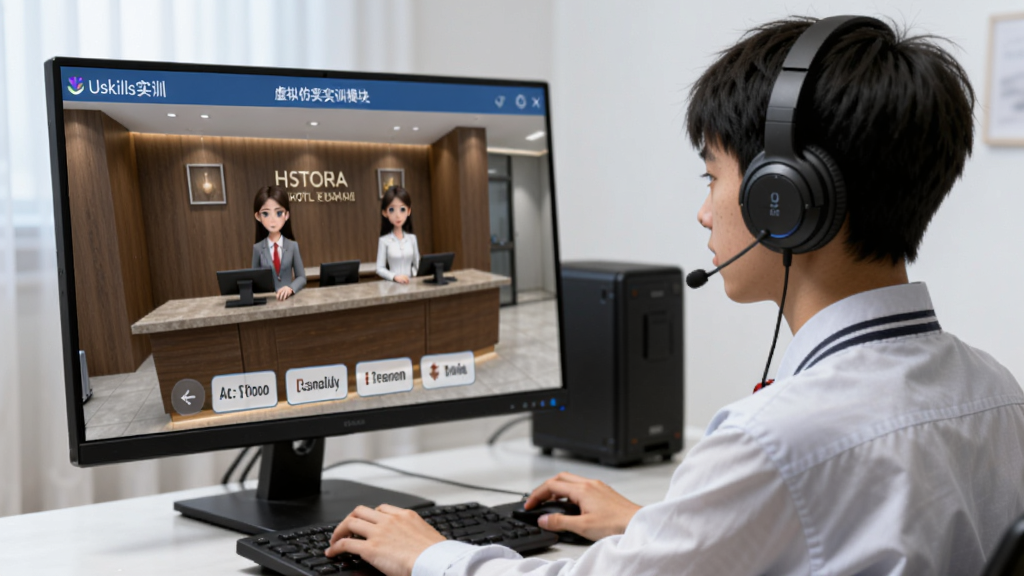 展示一位学生佩戴耳机坐在电脑前,屏幕上运行着
