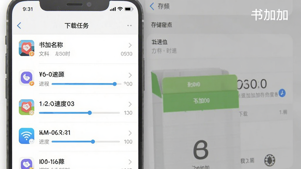 书加加app音频缓存管理界面预览图,主体是下载任务列表,显示文件名、进度条和下载速度,背景为手机设置中的存储空间示意,布局采用列表形式,排版清晰,风格简约商务,细节包含Wi-Fi、电量图标,画质干净,图片中带有“书加加”文字标识。