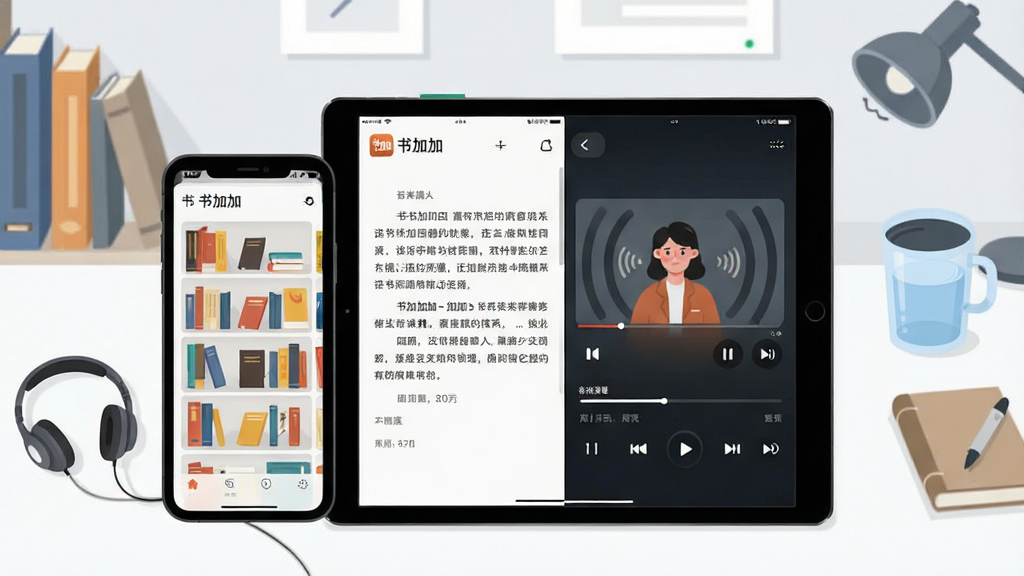 一张展示书加加app在手机和平板上同步使用的场景图,主体是打开的书加加阅读界面,左侧显示图书书架,右侧为正在播放的音频课程,背景是简洁的书房书桌,布局采用左右分屏构图,排版干净清爽,风格偏向现代扁平化插画,细节包含耳机、水杯等学习小物件,画质高清,干净,无多余元素,界面文字清晰显示“书加加”品牌标识。
