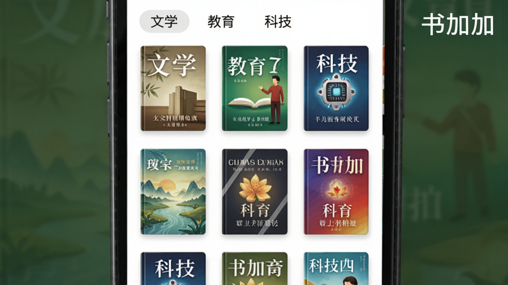 书加加app图书分类界面预览图,主体是手机屏幕上的图书列表,展示多个分类标签如“文学”、“教育”、“科技”,每本书配有封面缩略图,布局为九宫格排列,排版整齐,风格写实干净,细节突出图书封面的多彩设计,画质清晰,界面右上角有“书加加”字样。
