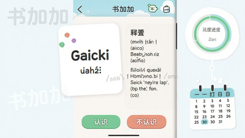 书加加app背单词功能预览图,主体是单词卡片界面,正面显示英文单词和音标,背面显示释义与例句,布局居中,底部有“认识”和“不认识”两个按钮,排版简洁,风格清新卡通,细节包含进度环和打卡日历,画质清晰,界面有“书加加”水印。