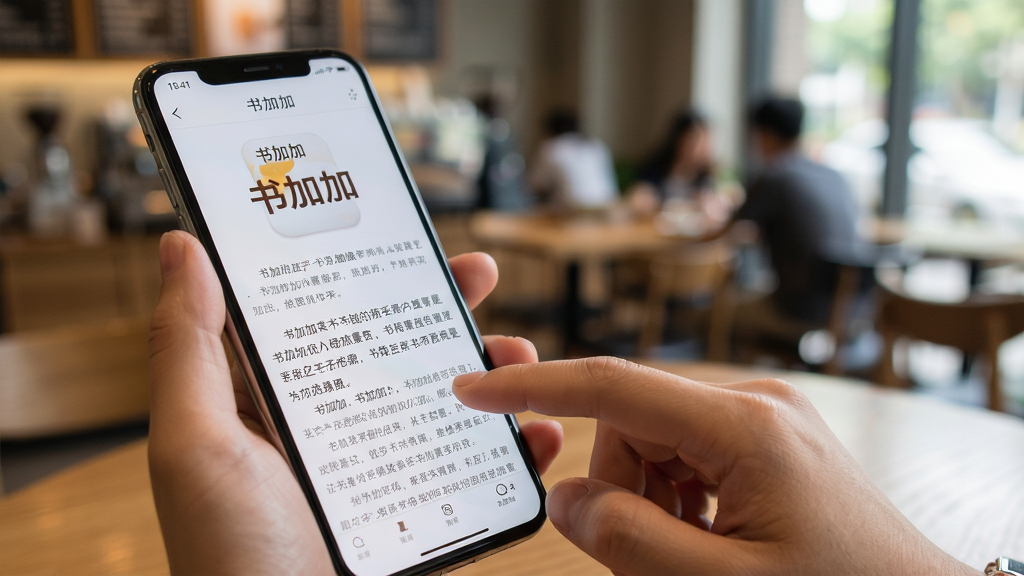 书加加app在安卓手机上的使用场景图,主体是手持手机展示阅读界面,背景为模糊的咖啡馆环境,布局采用三分法构图,排版自然,风格写实生活化,细节包括手指滑动屏幕的动作,画质真实,干净,无多余元素,手机屏幕上有“书加加”字样。