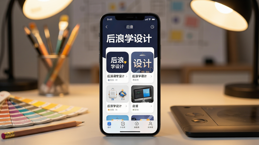 ������Ӱ��ƹ��£�һ�������ֻ���Ļ��չʾ������ѧ��ơ�APP�Ľ��棬������������ƿγ��б�����ͼ�������黯������ǰ����Ǧ�ʡ�ɫ������ͼ�����ƹ��ߴ���ڷţ�ůɫ������Ӫ��רעѧϰ��Χ����ͼ���öԳ�ʽ������ͻ��APP���ơ�����ѧ��ơ������������ɼ�������ϸ��ɾ����޶���Ԫ�ء�