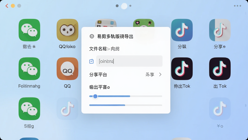 易剪多轨版导出分享界面,屏幕中央显示导出格式选择菜单与分享平台图标列表,包括微信、QQ、抖音等,背景为淡蓝色渐变。布局简洁直观,图标排列整齐,风格为清新扁平化,细节包括文件名输入框与导出进度条,画质干净,无多余元素。