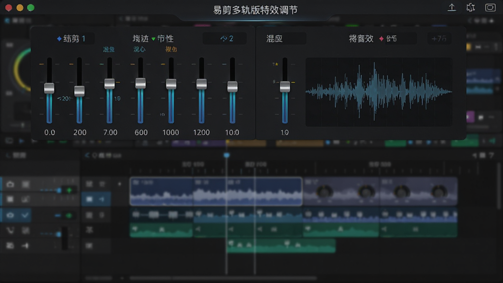 易剪多轨版特效调节面板界面,屏幕上显示均衡器与混响的参数滑块界面,背后是多轨时间线背景虚化。布局为上下分屏式,上方特效参数区,下方轨道预览区,风格为科技感UI渲染,细节包括滑块上的数值显示与波形预览图,画质高清,干净无多余元素。