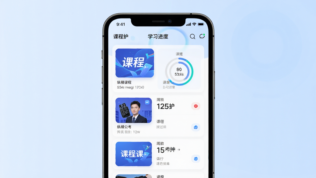 �ݺṫ��APP�����棬չʾ�γ��б���ѧϰ���ȣ��ֻ���Ļ���У�����Ϊ����ɫ���䣬�������ִ����γ̷���������ѧϰ���Ȼ���ͼ��Ŀ������������רҵ�����ʸ��壬�ɾ��޶���Ԫ��