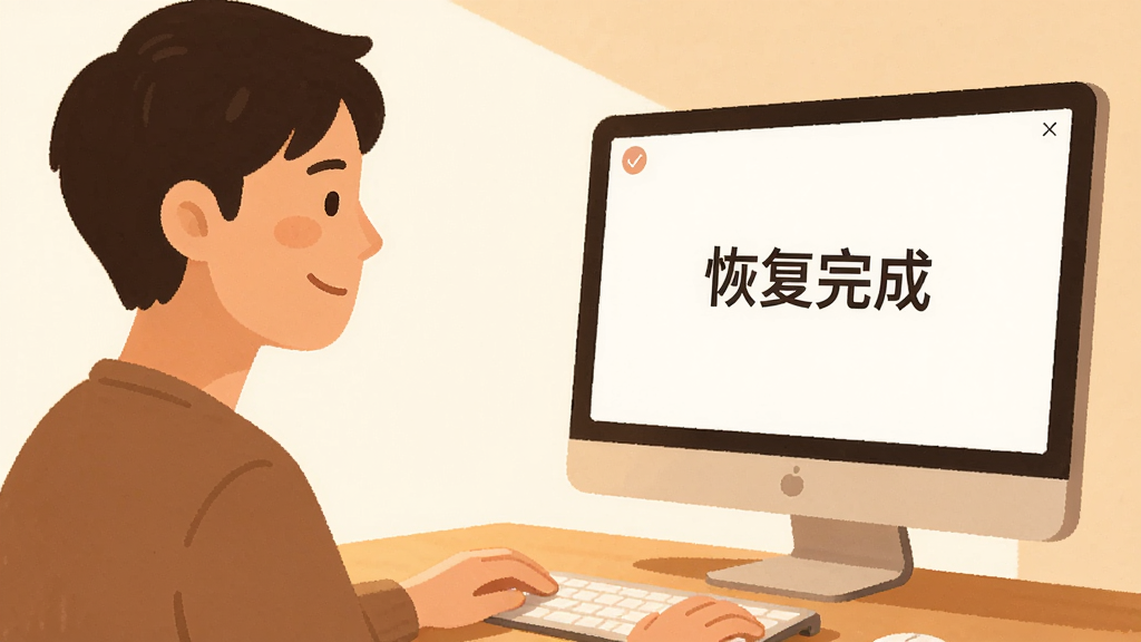 主体:用户正在操作电脑,屏幕显示恢复成功界面。布局:人物侧影在左,屏幕在右。排版:屏幕上有“恢复完成”字样。风格:简洁生活化,暖色调。细节:人物面带微笑。画质:清晰,干净,无多余元素。