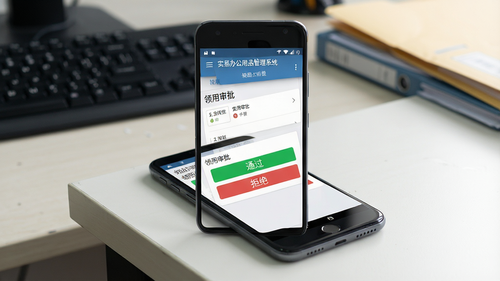 一张实易办公用品管理系统在安卓手机上的操作截图,主体为手机屏幕显示“领用审批”列表页面,有绿色“通过”和红色“拒绝”按钮,手机放置在办公桌的一角,背景为模糊的键盘和文件夹,布局为手机居中,排版简洁,风格属于实拍与屏幕元素结合,细节包括屏幕上方状态栏显示时间和信号,画质清晰,周围环境干净无杂乱物品。