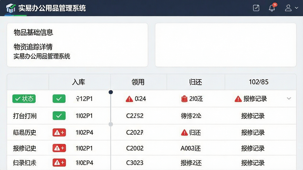 一张实易办公用品管理系统的物资追踪详情截图,主体为表格形式展示某台打印机的完整流转历史,包括入库、领用、归还、报修记录,每行数据前有状态彩色标签,布局为上下结构,上方是物品基础信息卡片,下方是时间线列表,排版清晰,风格为典型的企业管理软件UI,细节强调绿色对勾和红色警告图标,画质锐利,画面整洁无杂物,界面左上角有“实易办公用品管理系统”产品标识。