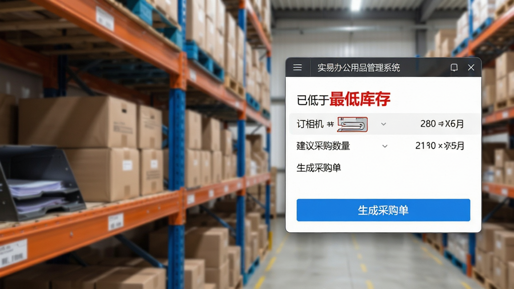 展示实易办公用品管理系统库存预警功能界面,主体为仓库货架实拍照片与系统预警弹窗的合成图,弹窗内用红色字体显示“已低于最低库存”的订书机条目,并列出建议采购数量,布局为左侧货架图、右侧悬浮弹窗,排版层次分明,风格写实且带科技感,细节包括弹窗上的蓝色“生成采购单”按钮,画质细腻,背景虚化干净,弹窗顶部有“实易办公用品管理系统”小字。